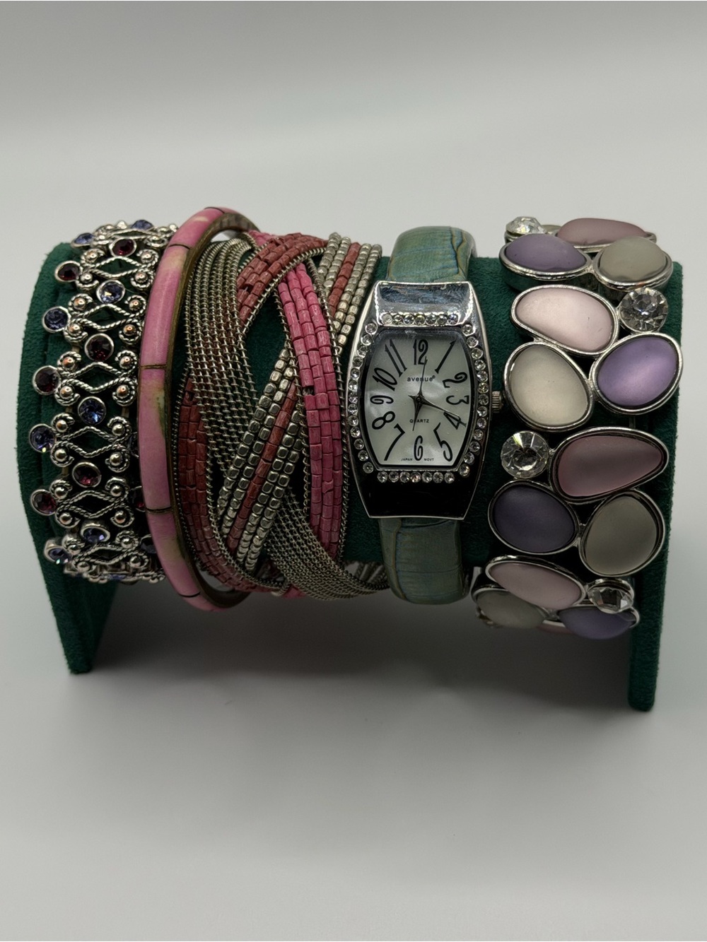 Women's Pastel Multi-Stack Bracelet Set with Mint Rhinestone Watch Cuff